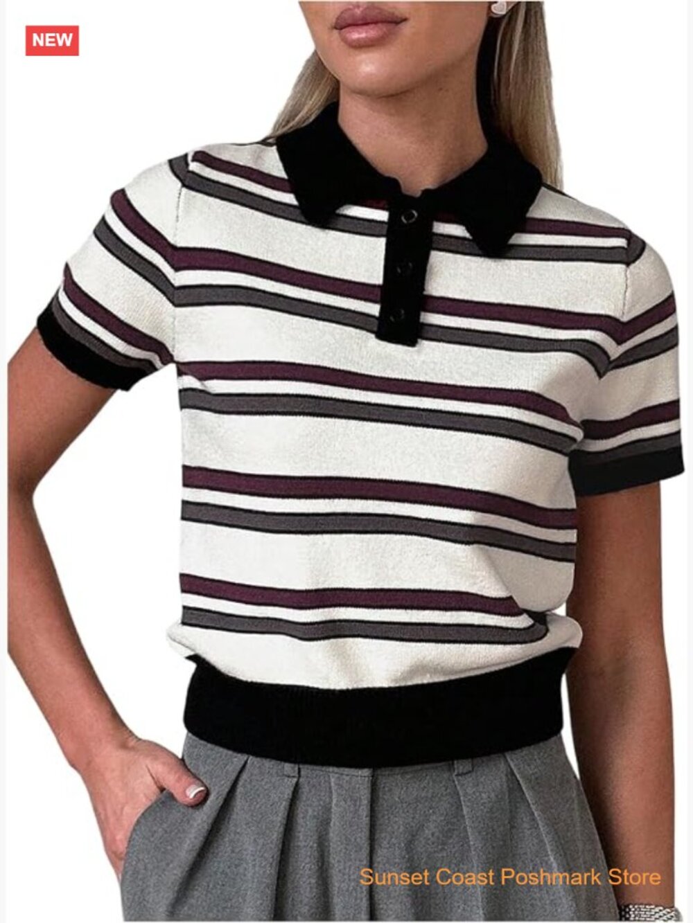 Striped Short Sleeve Collared Knit Preppy Rugby Shirt Y2k Vintage Sweater Top